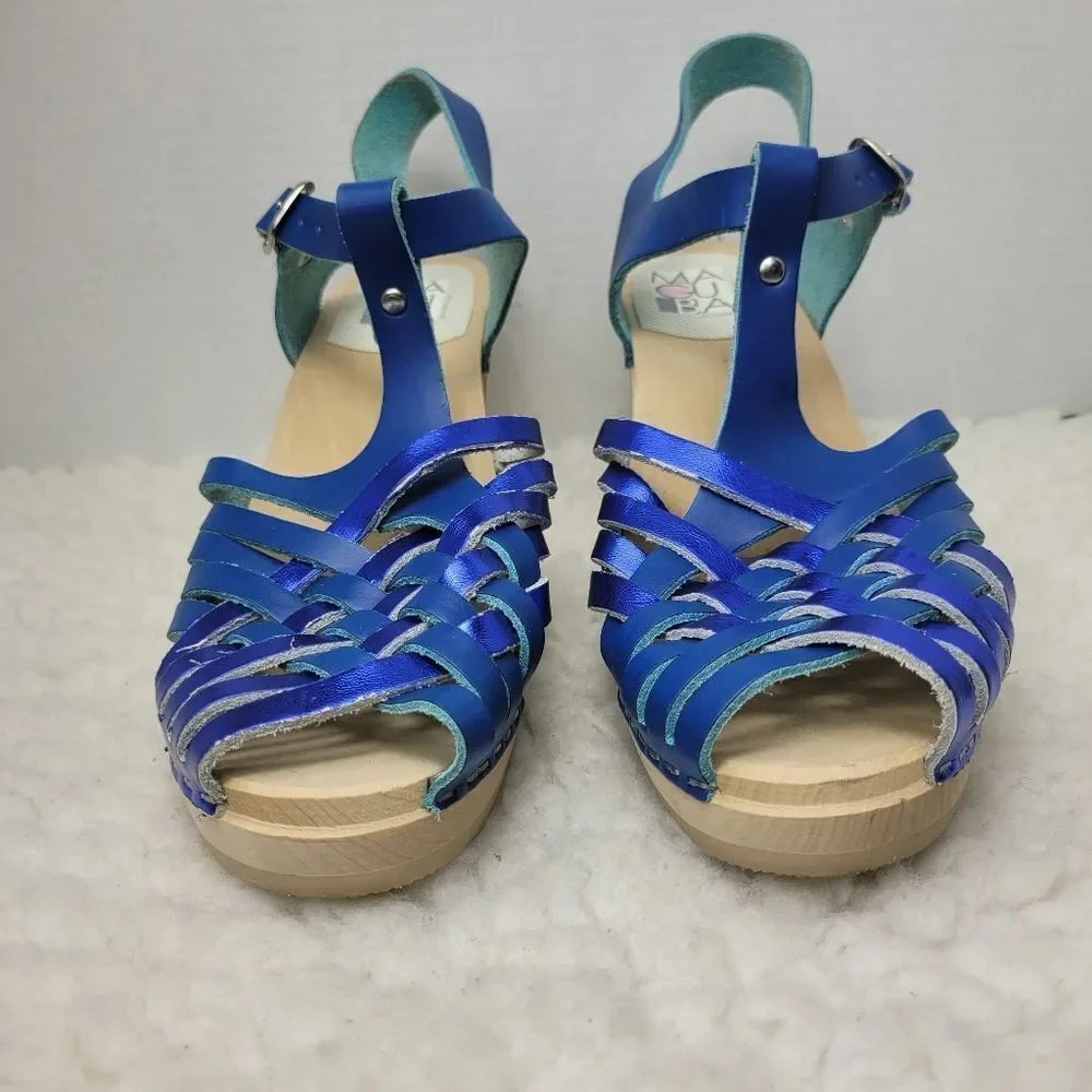 Maguba of Sweden Women's Wooden Heel  Shoes Size 11.5 Blue Strappy Leather